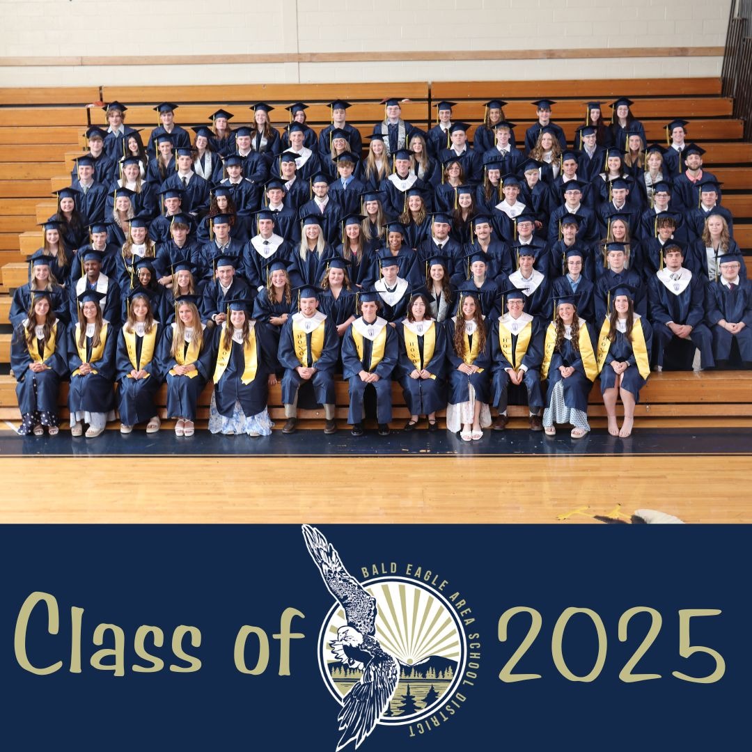 image of the class of 2025 in gymnasium with text Class of 2025 and Bald Eagle Logo