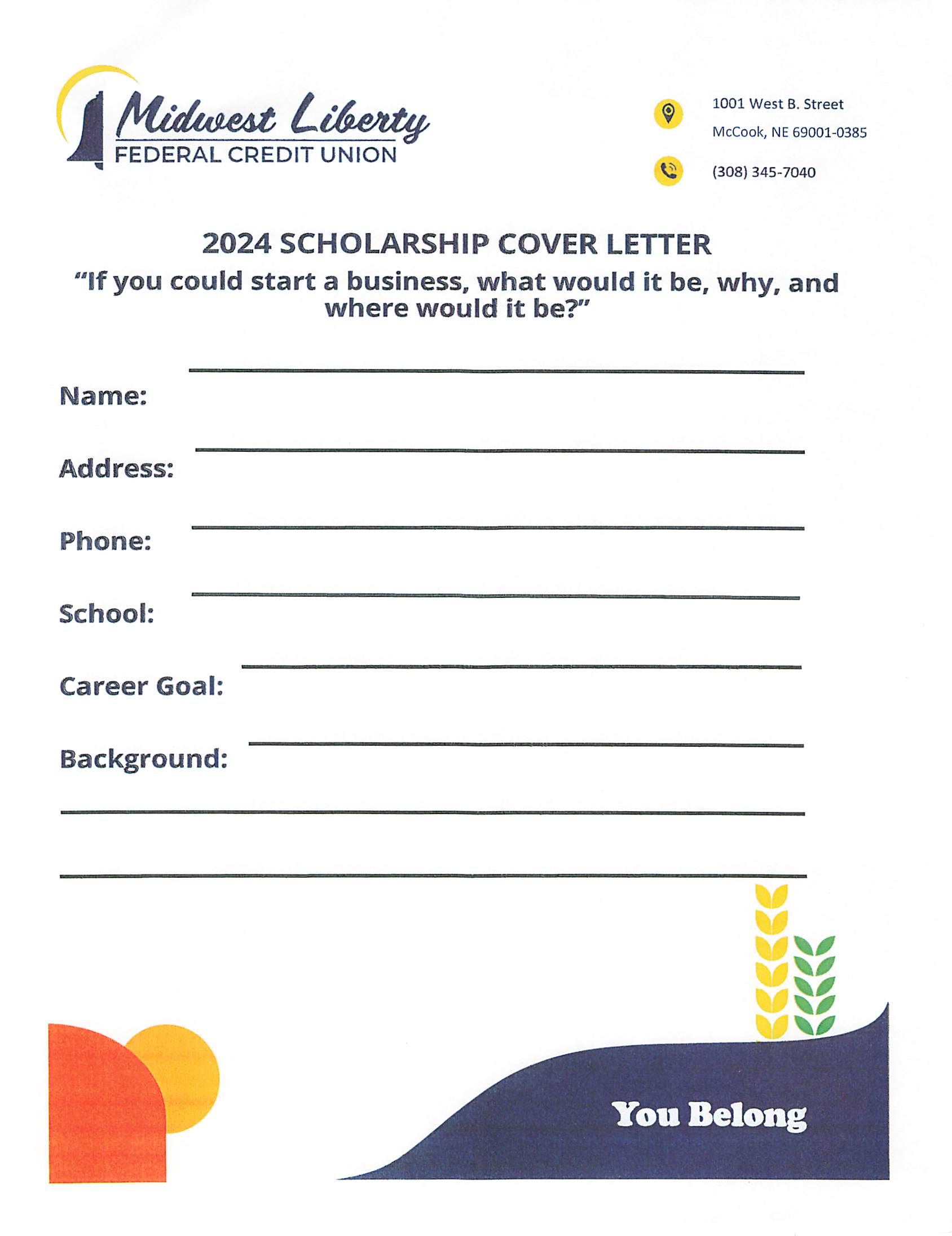 Midwest Liberty Federal Credit Union Scholarship Cover Letter