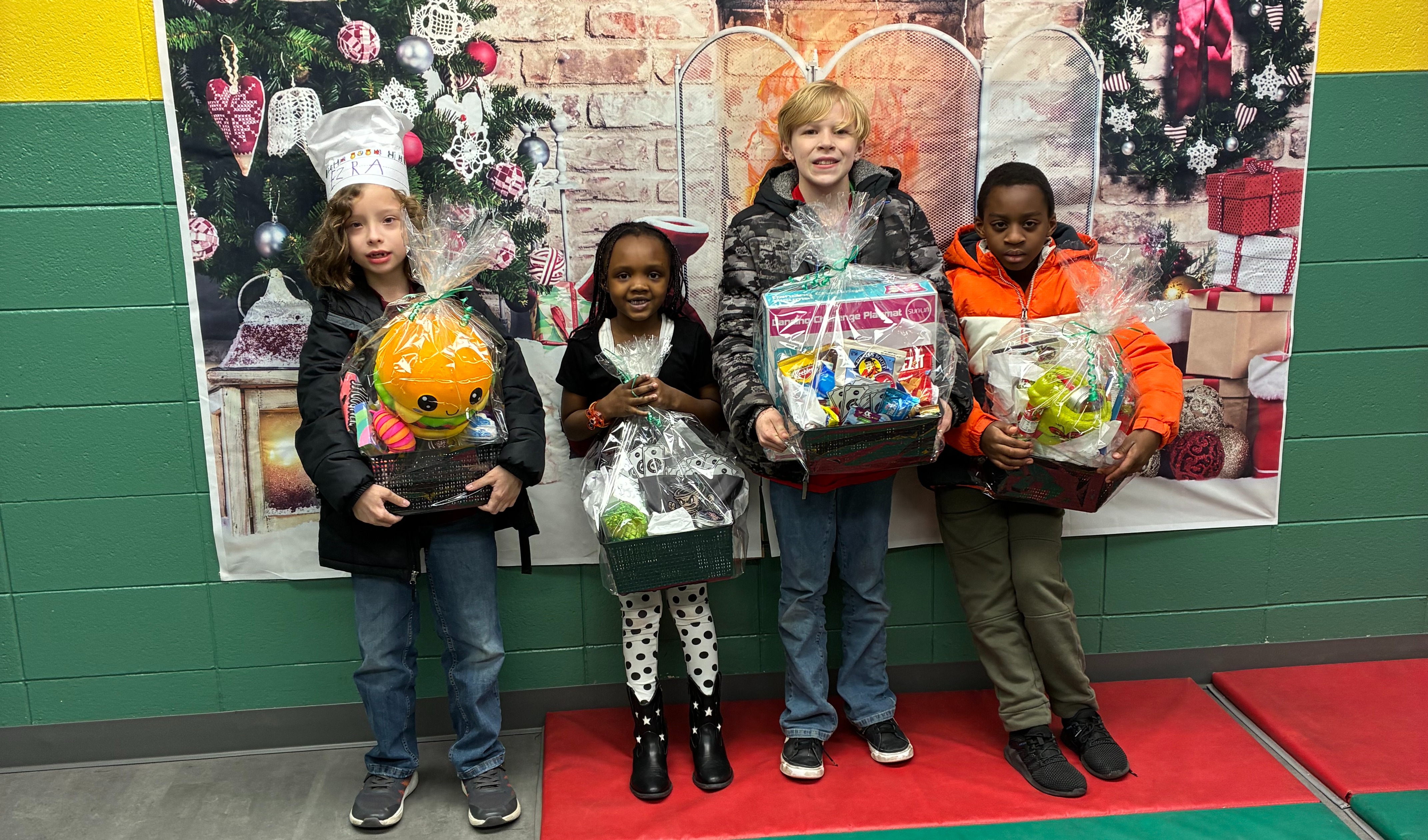 Students holding raffle basket