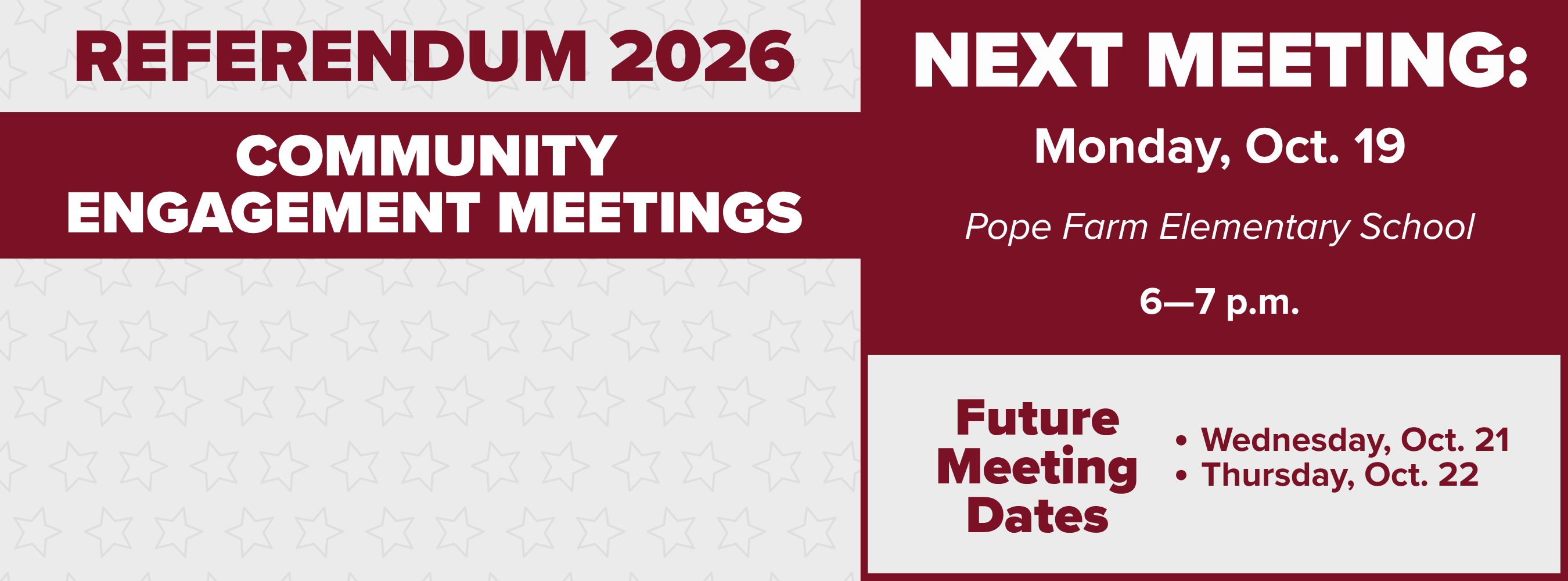 A poster with a maroon and white color scheme advertises "Referendum 2026 Community Engagement Meetings" and the next meeting date.