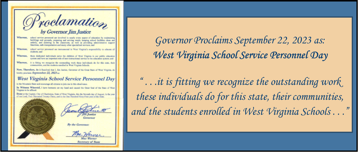 Governor proclaims September 22, 2023 as West Virginia School Service Personnel Day
