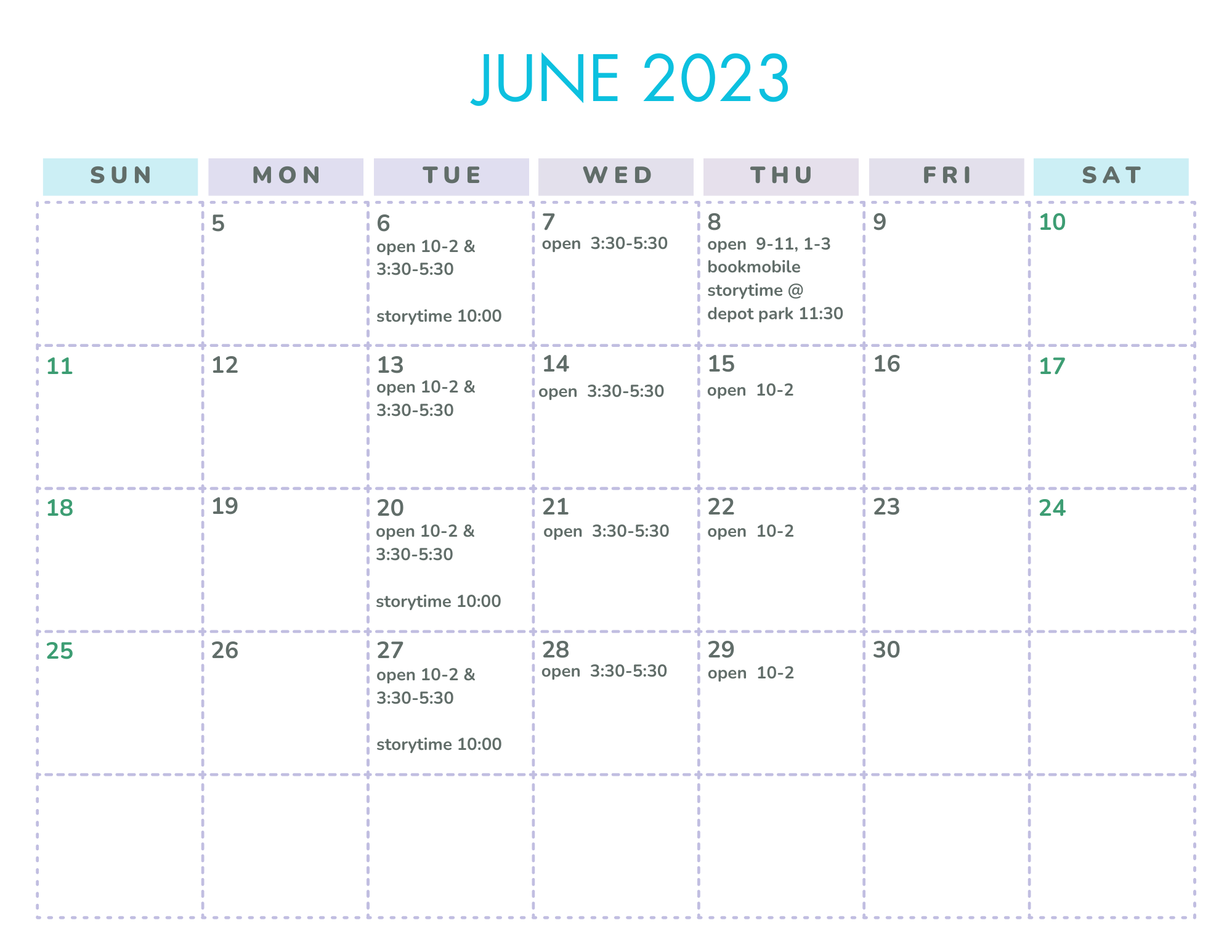 june 2023 calendar showing open library dates