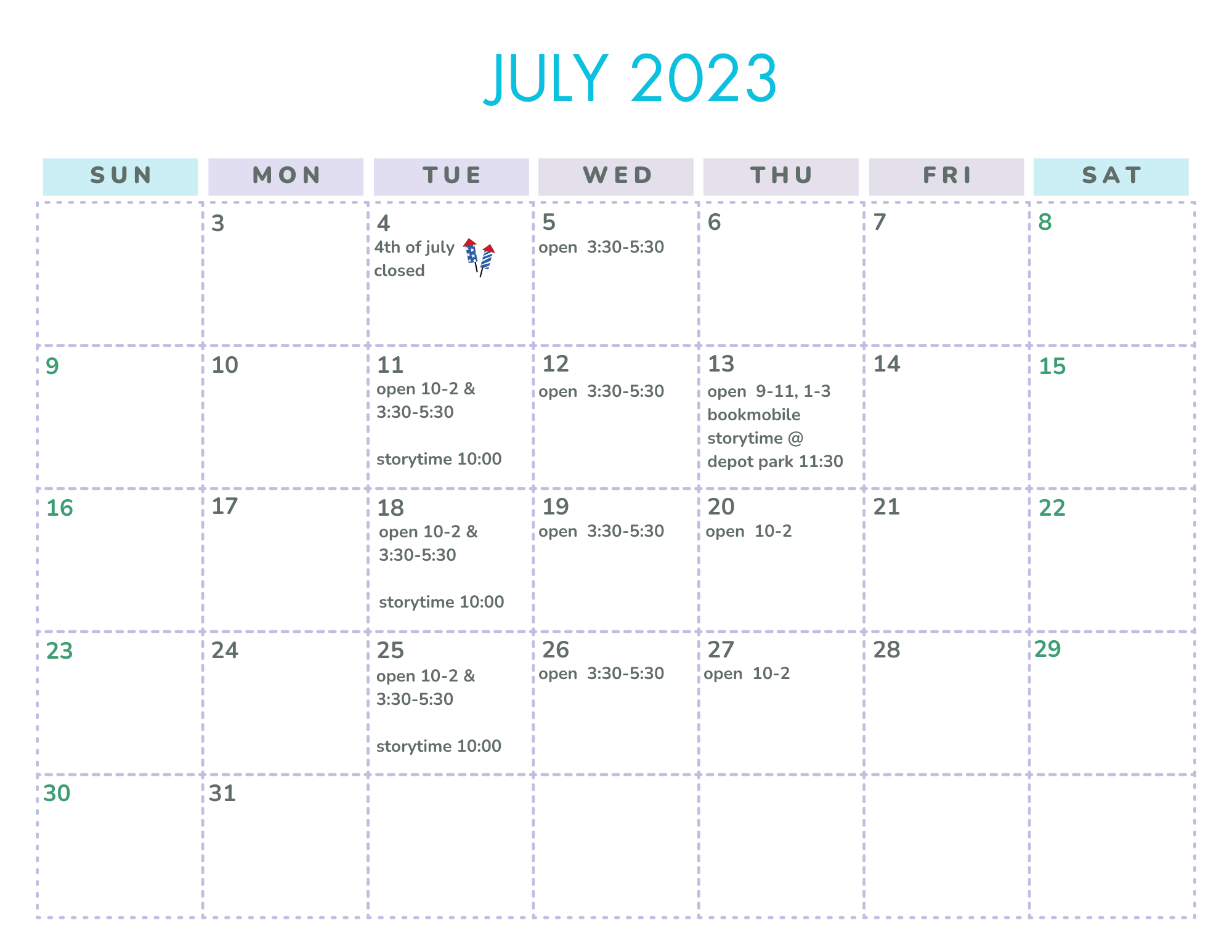 july 2023 calendar showing open library dates
