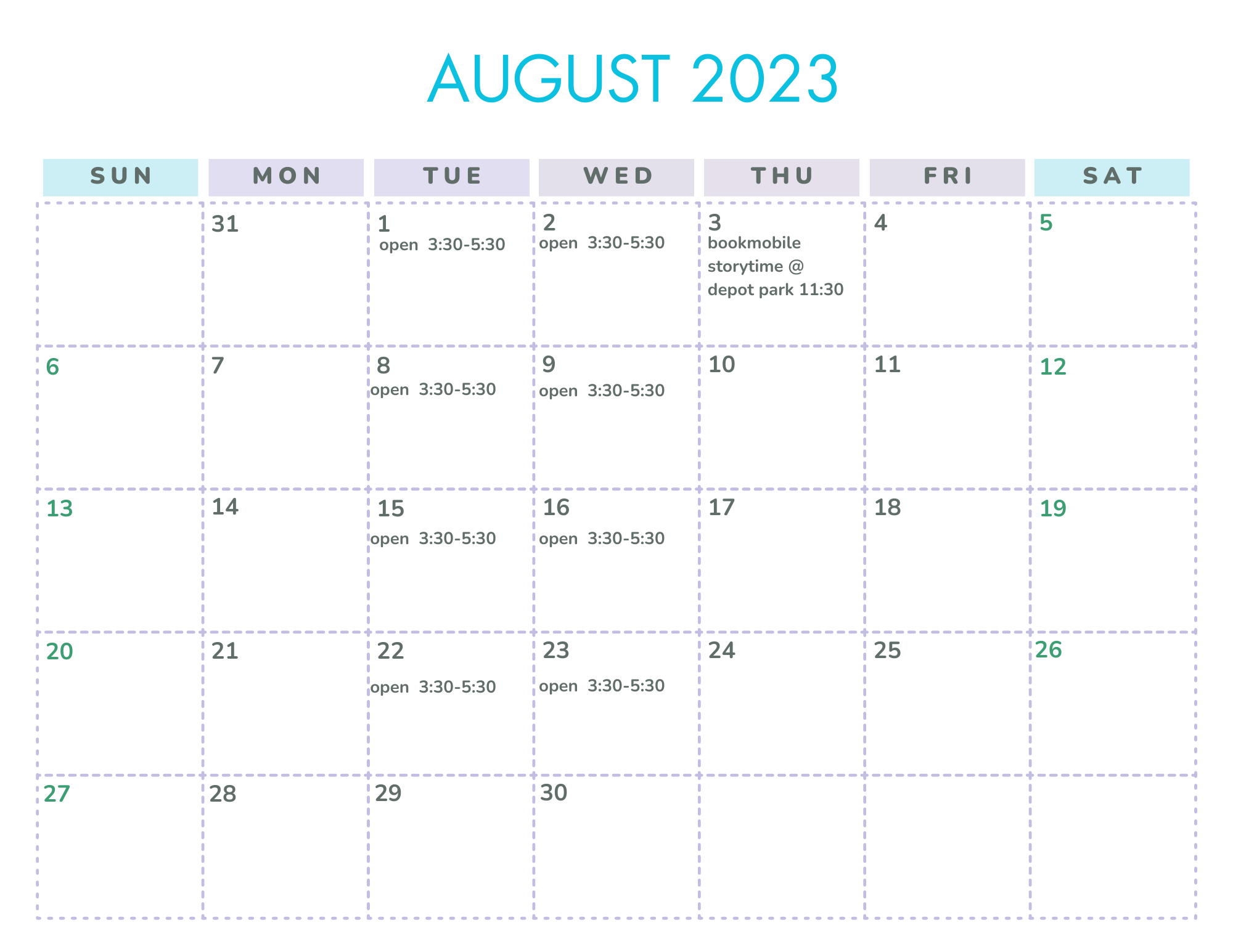 august 2023 calendar showing open library dates