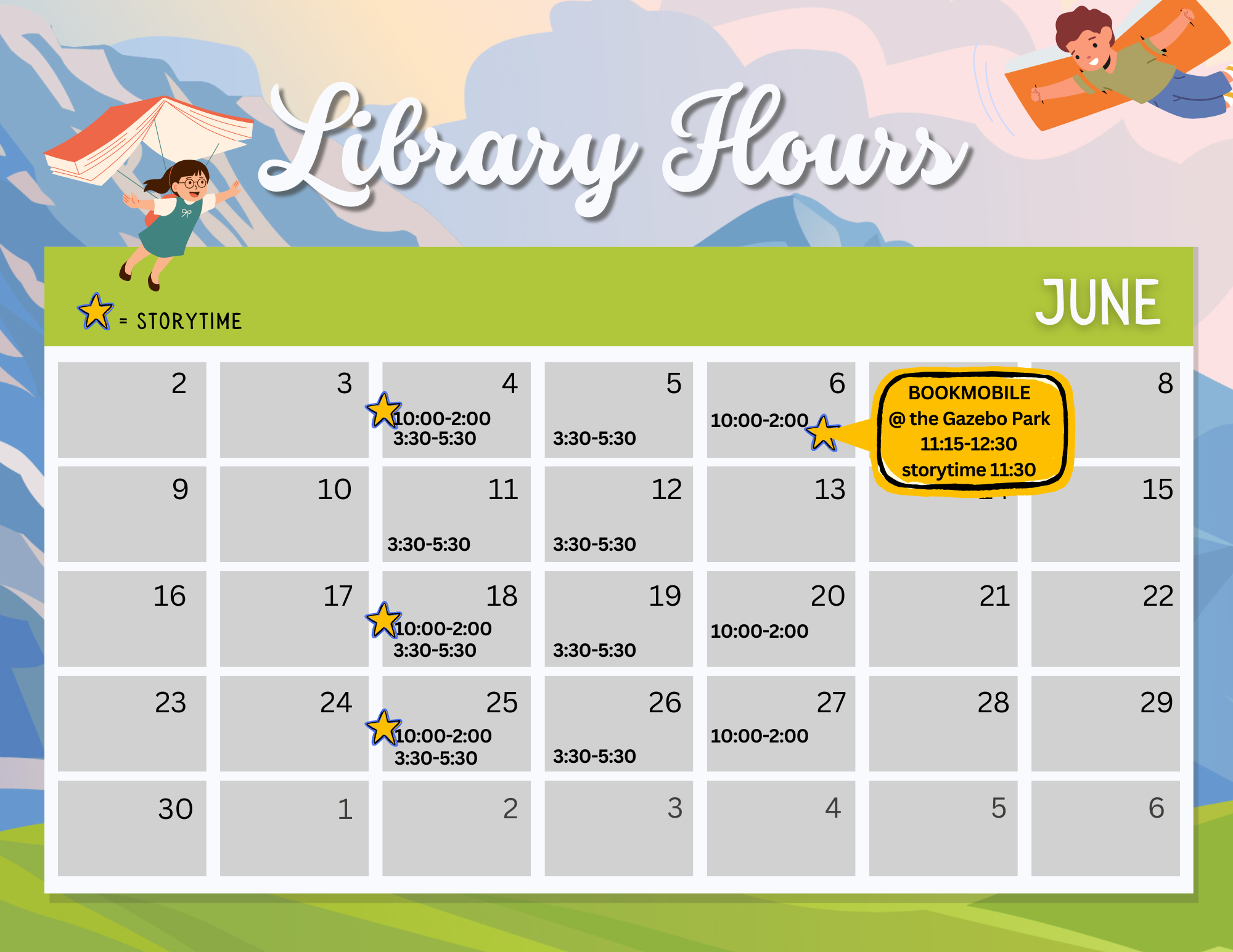 library calendar for June 2024 showing summer storytime dates of june 4th, june 18th, june 25th at 10:00 am