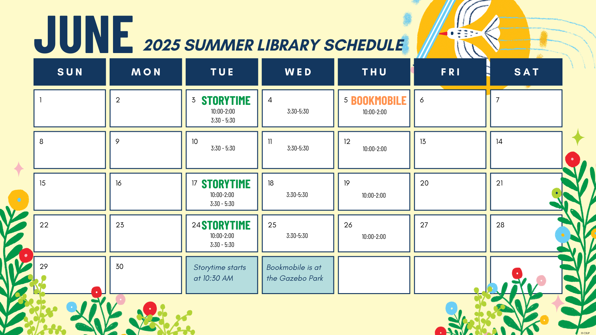 image of calendar for the month of june 2025 showing summer story time on the 3rd, 17th, and 23rd. Calendar shows public library hours on tuesdays and wednesdays from 3:30 pm to 5:30 pm