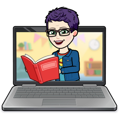 Bitmoji of Ms. Keat jumping out of a computer with a book