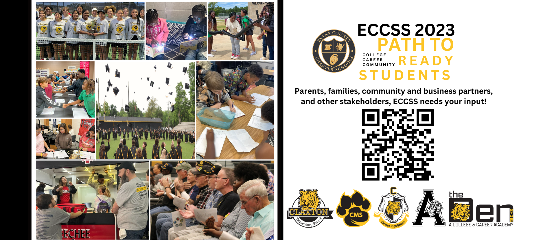 Collage of district stakeholders (students, staff, families, business partners), request for stakeholder feedback for district strategic plan with QR code; images of district and school level logos