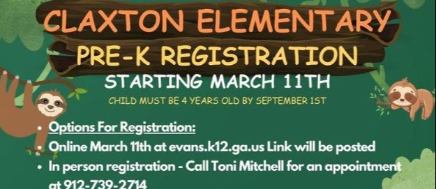 We're thrilled to announce that Pre-K registration for the 2024-2025 school year is just around the corner!  Registration Opens: March 11th Child Must be 4 years old by September 1st Options For Registration: Online March 11th at evans.k12.ga.us Link will be posted In person registration - Call Toni Mitchell for an appointment at 912-739-2714