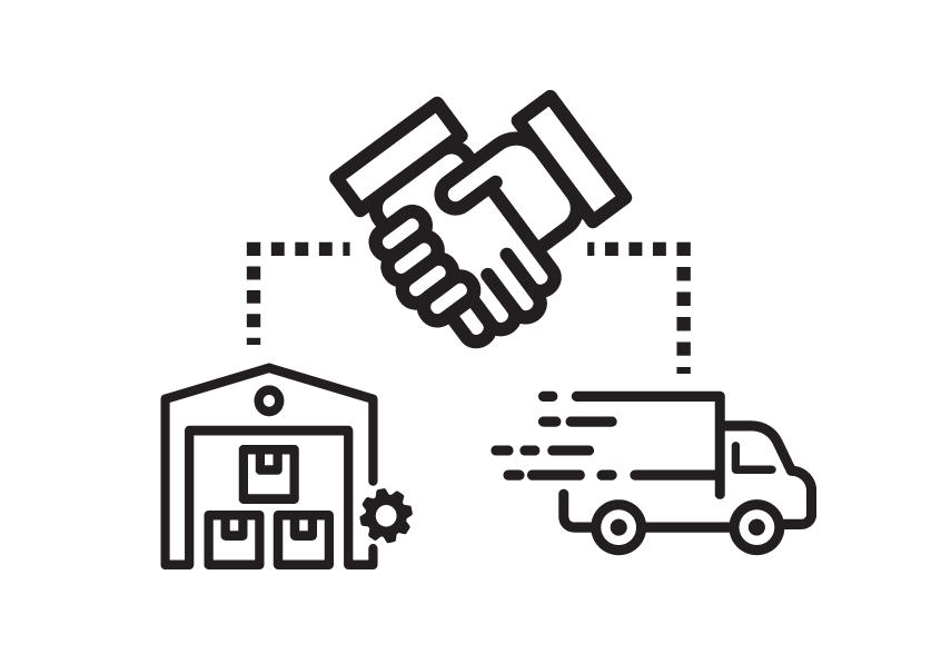 Image of hand shake, items delivered, and truck delivering