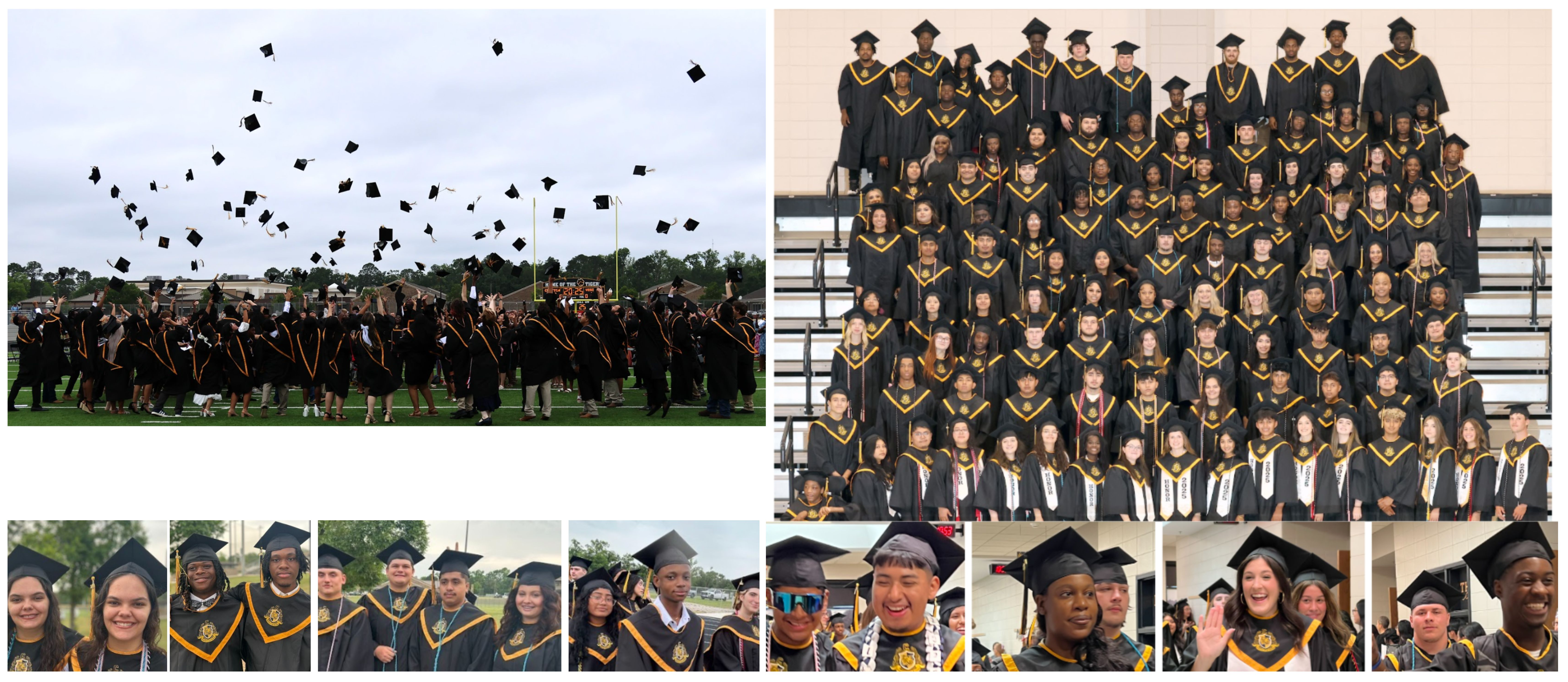 Collage of Graduates tossing their caps, group picture of class in cap and gown, bottom row of candid shots of graduates