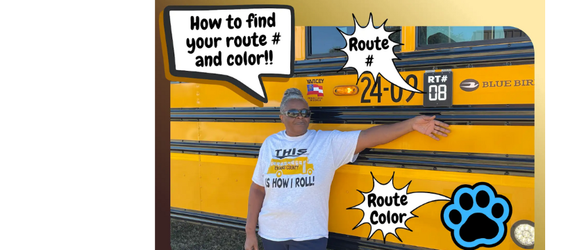Bus with driver standing in front pointing to route number and colored magnet is also emphasized