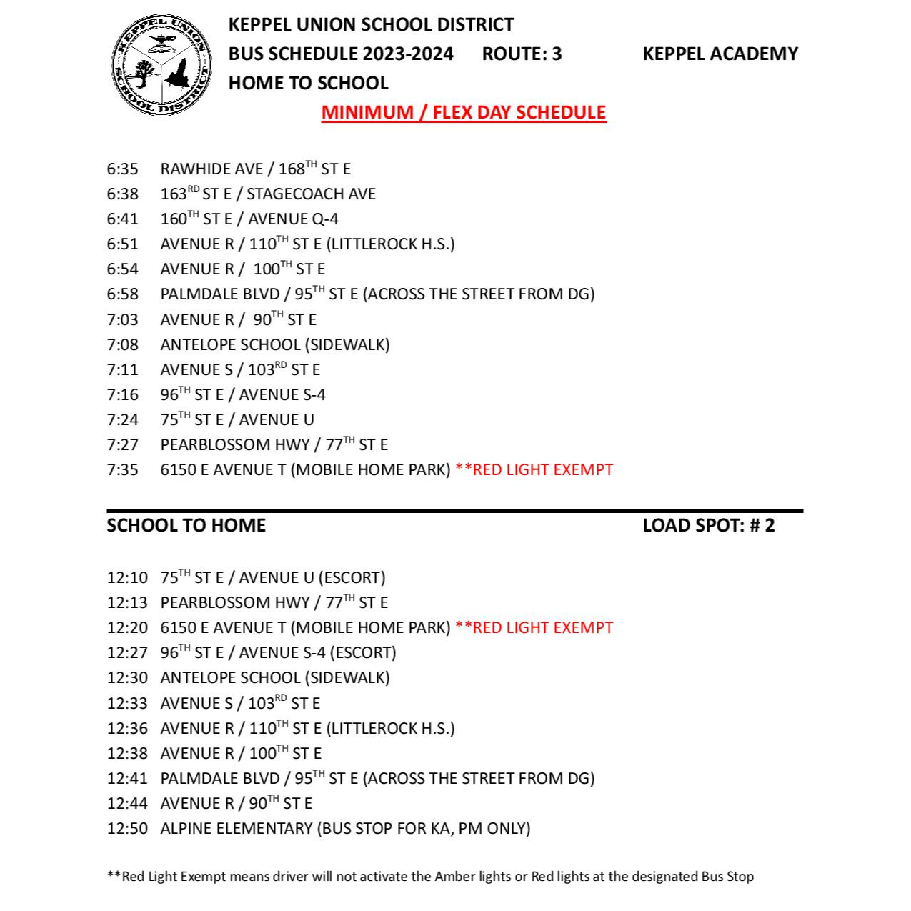 Minimum Day/ Early leave schedule 2