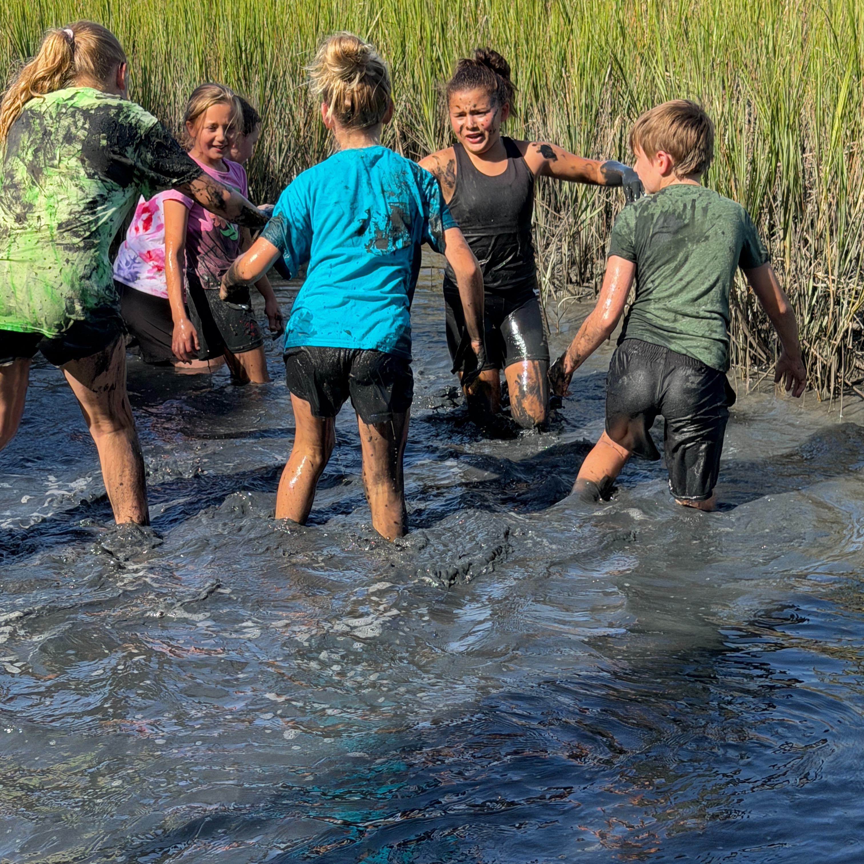 5th grade students playing in the marsh at Barrier Island