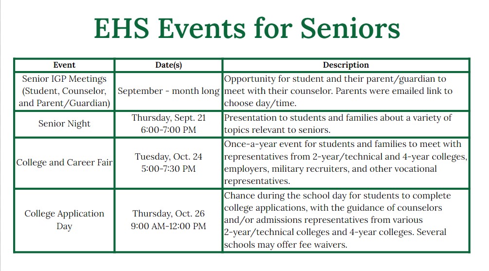EHS events for seniors 2023-24