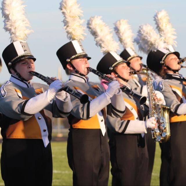 Musicians wearing matching uniforms play instruments on a field, with a fence and trees in the background.
