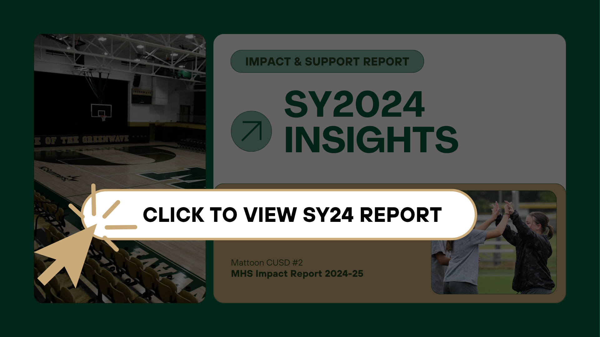 Impact & Support Report SY2024 Insignts | Mattoon CUSD #2 MHS Impact Report 2024-25 | Click to View SY24 Report | Picture of MHS Gym and athletes | MCUSD2 branded