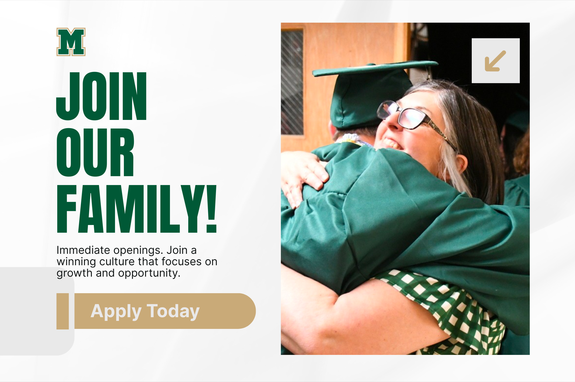MCUSD2 Branded Graphic featuring a picture of Mattoon staff. Join Our Family! Immediate openings. Join a winning culture that focuses on growth and opportunity. Apply Today.