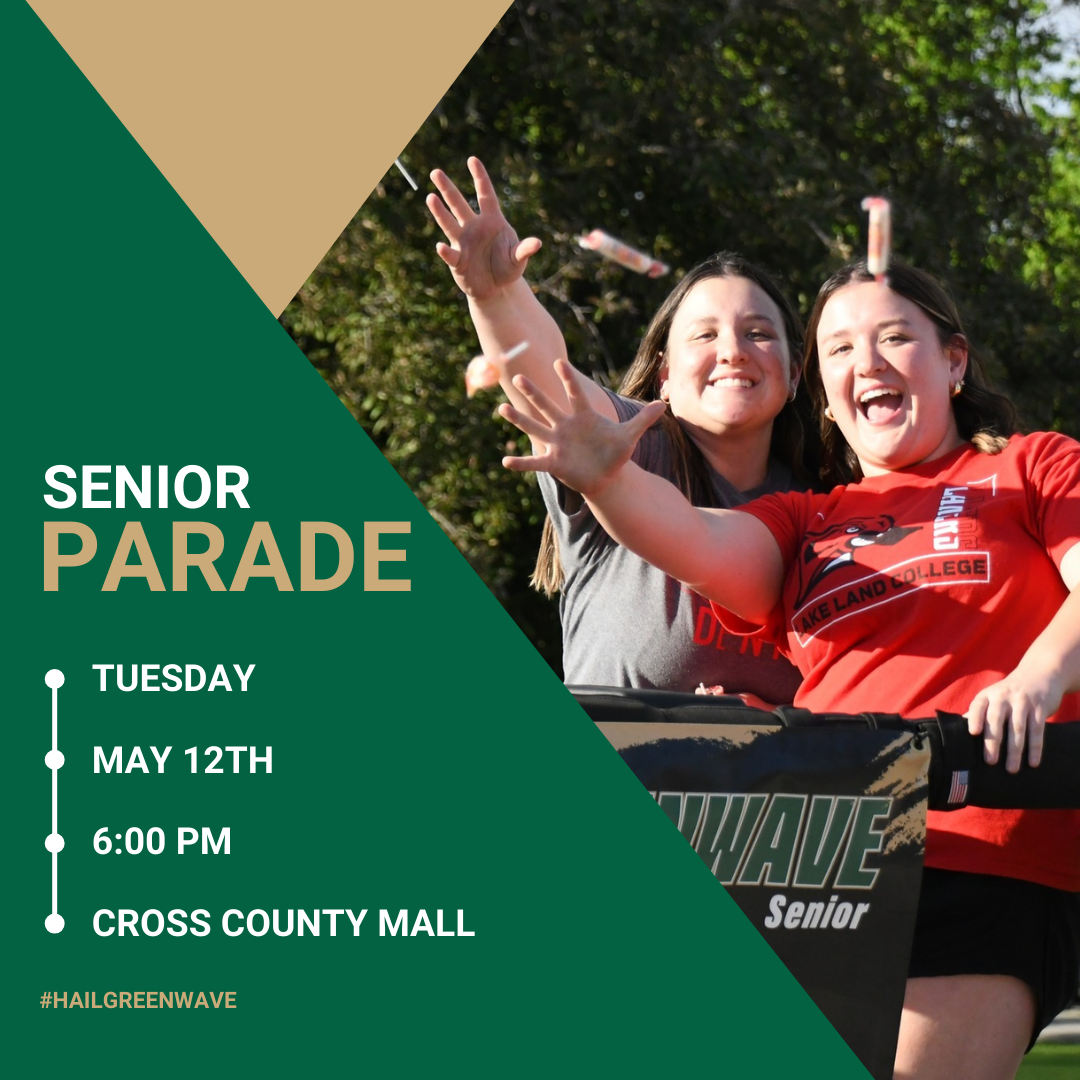 Senior Parade | Tuesday, May 12th 6PM | Cross County Mall | Announcement graphic in MCUSD2 branded colors featuring MHS student