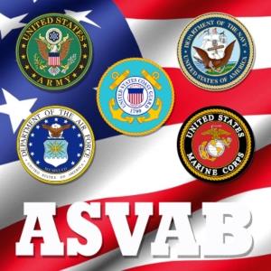 Symbols of the 5 branches of U.S. military with the word ASVAB underneath