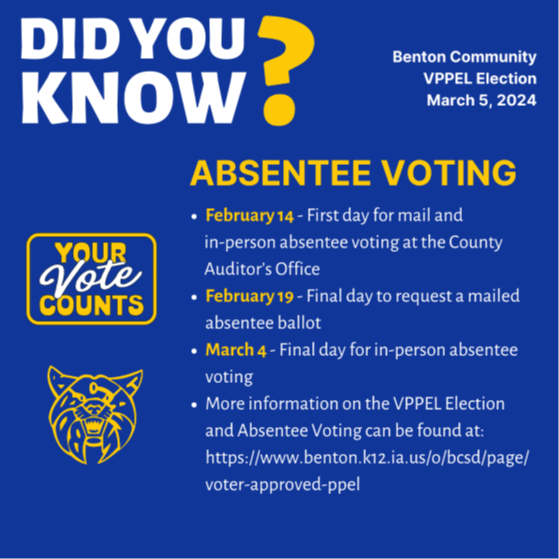 Did you know? Absentee Voting - February 14, first day for mail and in-person absentee voting at the County Auditor's office. February 19, final day to request a mailed absentee ballot. March 4, final day for in person absentee voting. More information on the V P P E L election and absentee voting can be found