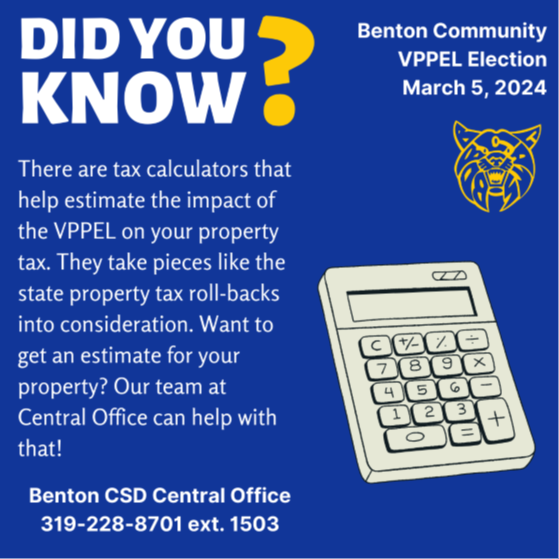 Did you know? There are tax calculators that help estimate the impact of the V P P E L on your property tax. They take pieces like the state property tax roll backs into consideration. Want to get an estimate for your property? Our team at Central Office can help with that! Call 319-228-8701