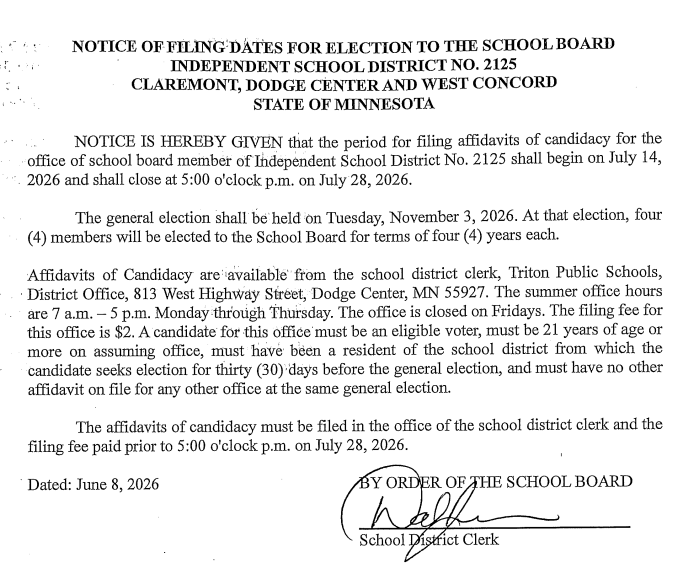 Notice of Filing Dates 