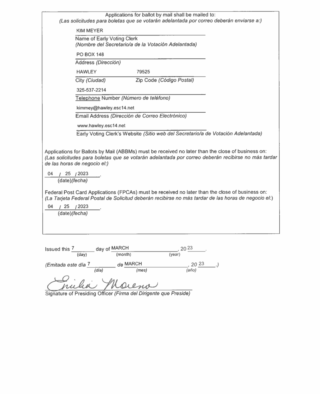 SCHOOL BOARD ELECTIONS Hawley Independent School District