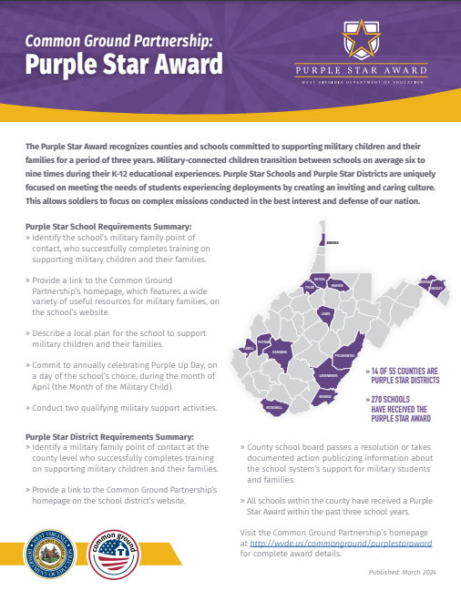 One Page Information Sheet explaining the Purple Star Award in WV Schools.