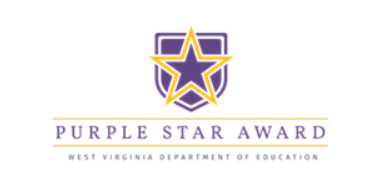 The image shown is a purple star outlined in gold and placed upon a purple shield, written below the star are the words "Purple Star Award- West Virginia Department of Education."