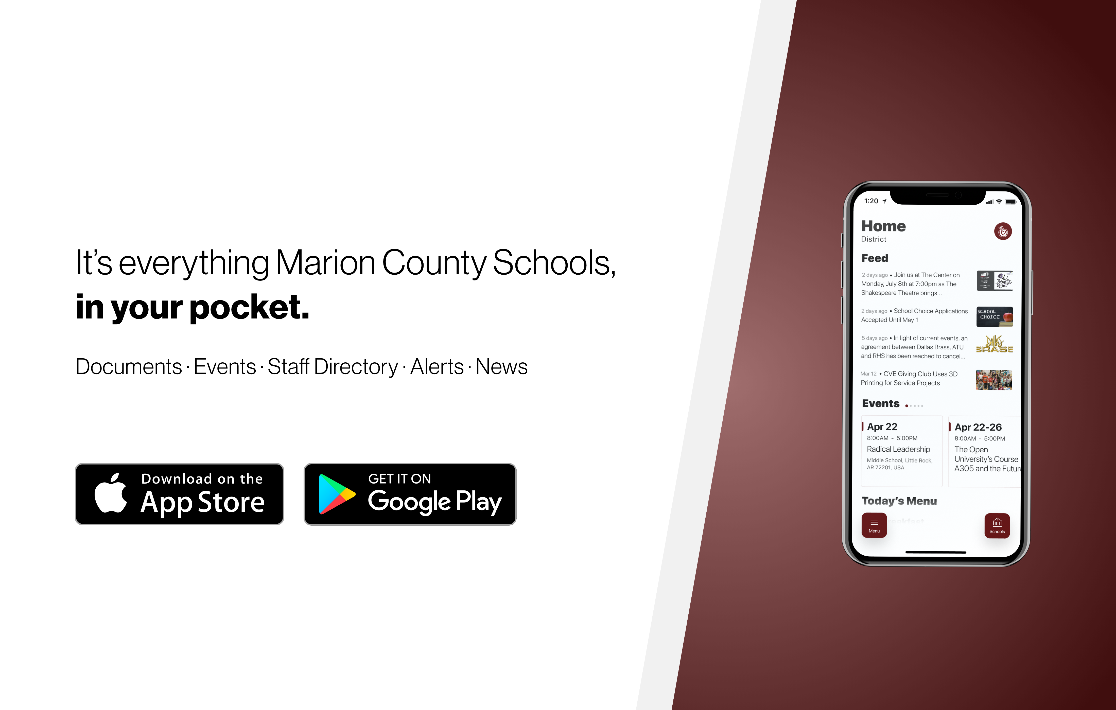 An advertisement for Marion County School's new app. The ad reads, "Everything Marion County Schools, in your pocket."