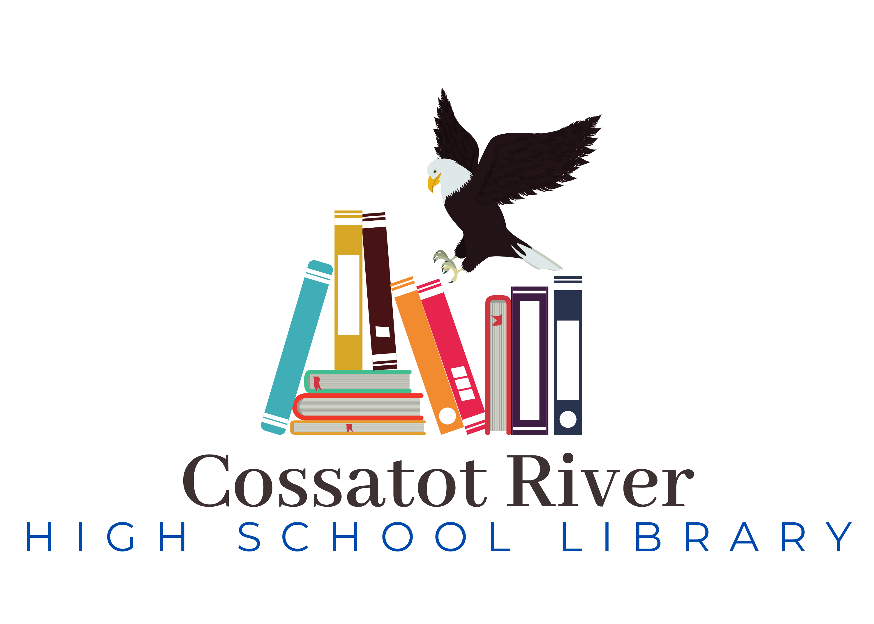 photo of an eagle on books that says cossatot river high school library