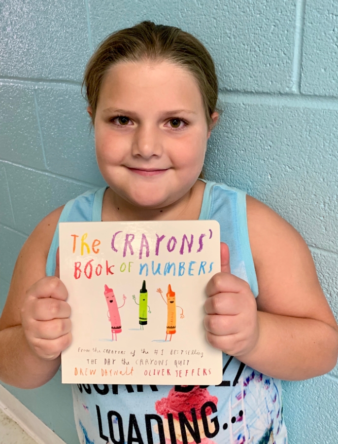 Student holding up a book