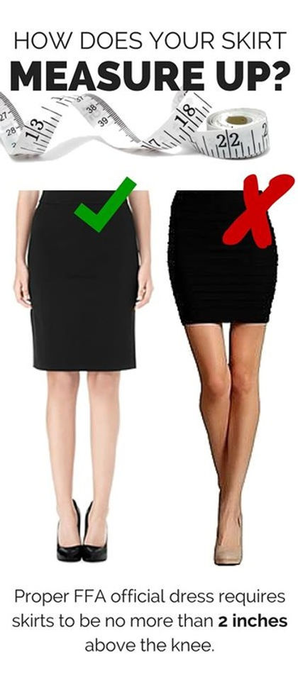 A comparison image showing two women in skirts: one wearing a knee-length skirt marked with a green check, and the other in a short skirt marked with a red 'X', with a measuring tape graphic above them and text about skirt length requirements.