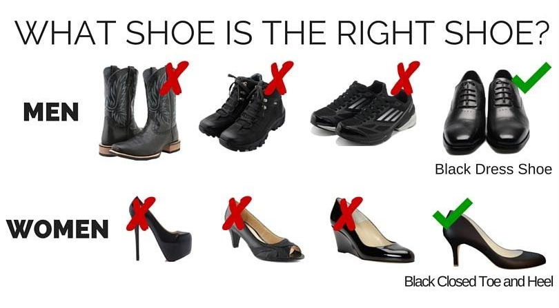 An infographic comparing appropriate shoe choices for men and women, with incorrect options marked with red crosses and correct options marked with green checks, highlighting a black dress shoe for men and a black closed toe and heel for women.