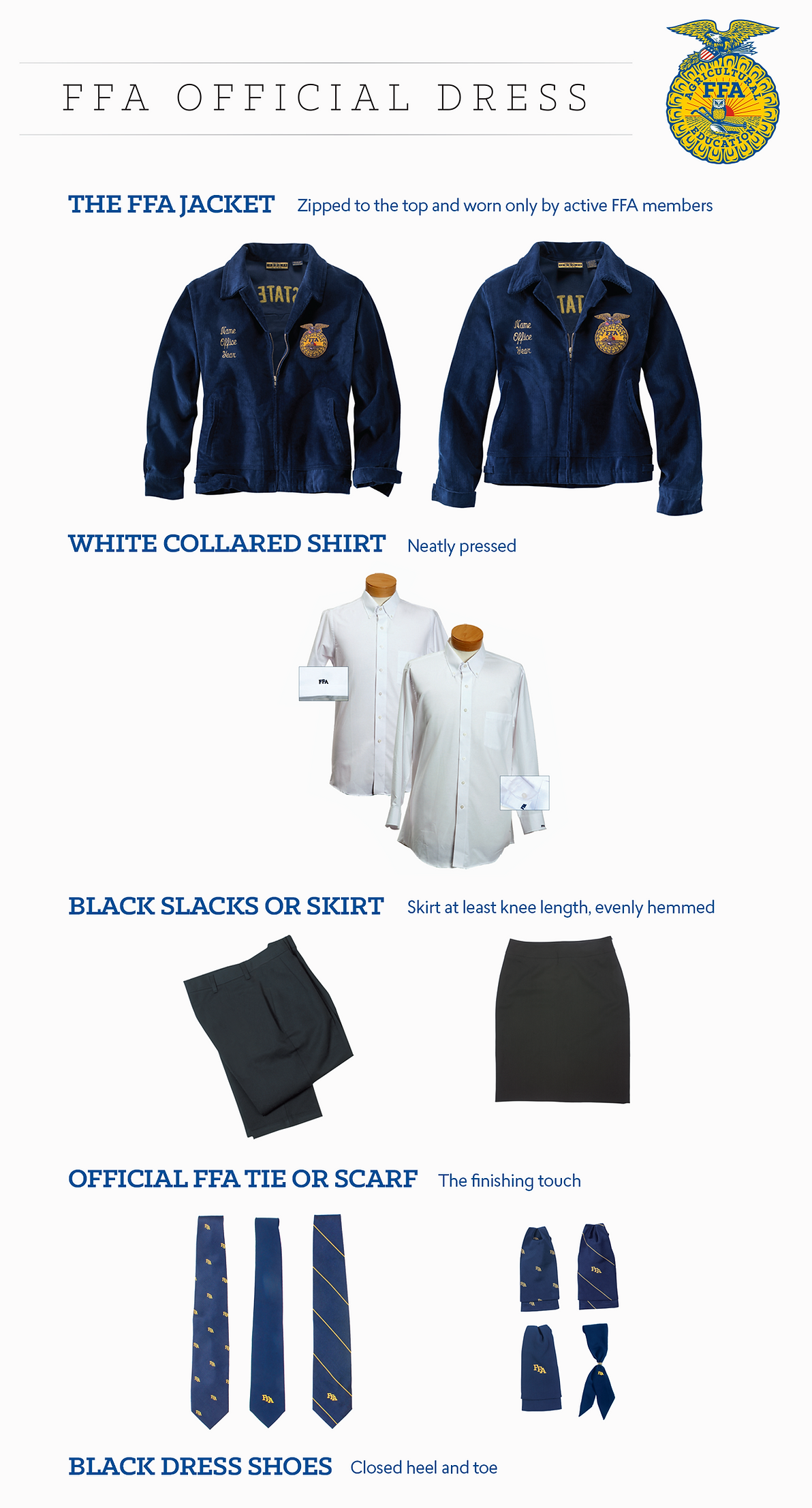 An infographic detailing the official dress code for FFA members, including a blue FFA jacket, white collared shirt, black slacks or skirt, official FFA tie or scarf, and black dress shoes.