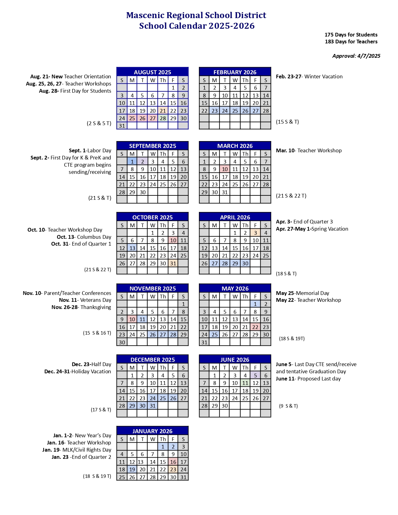 2025-2026 Mascenic Regional School District Calendar