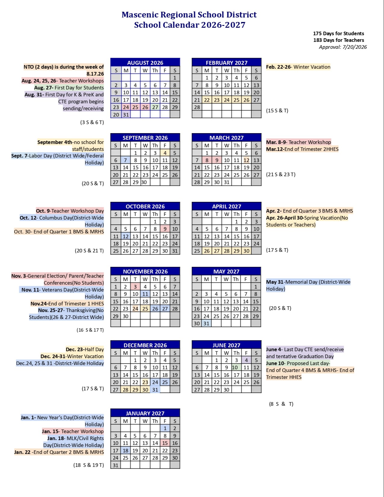 2026-2027 Mascenic Regional School District Calendar