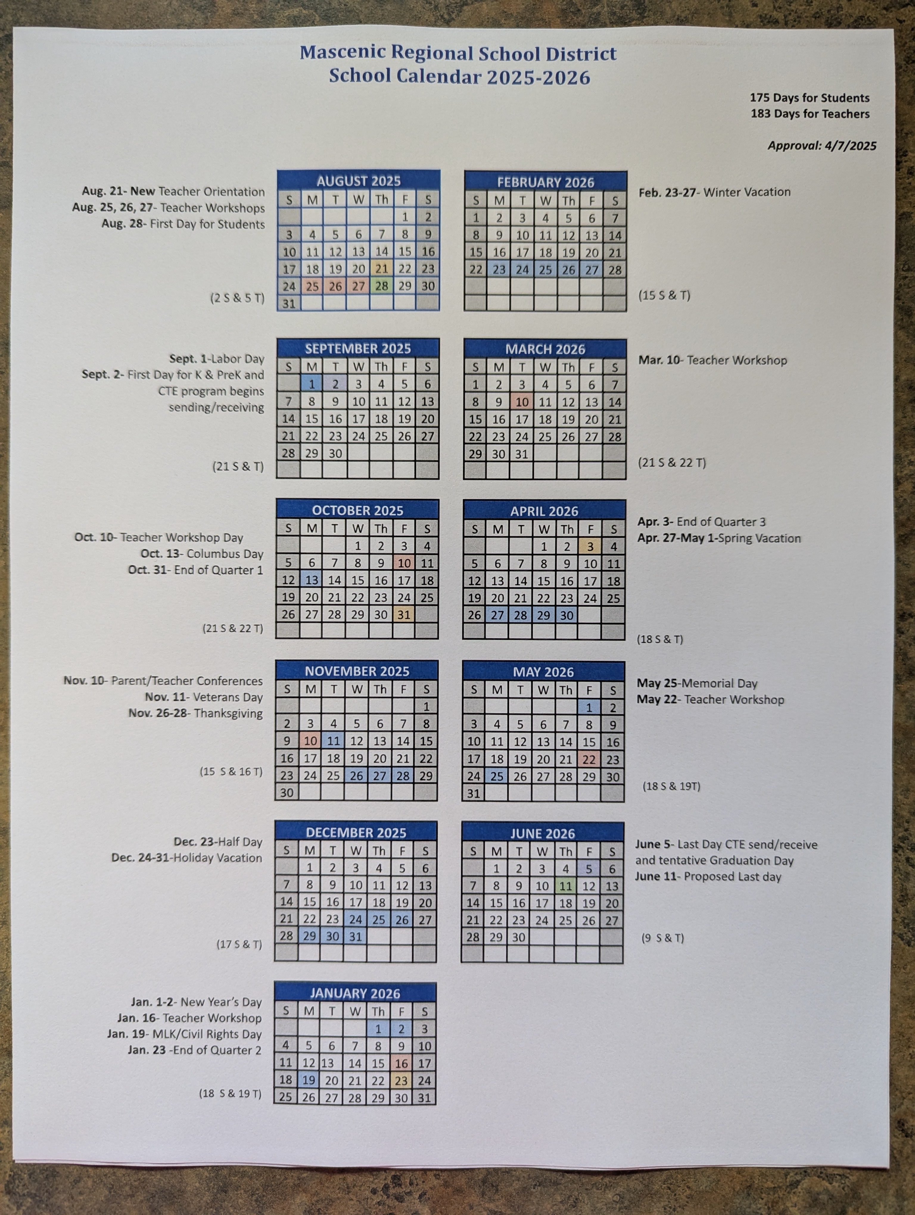 25-26 District Calendar