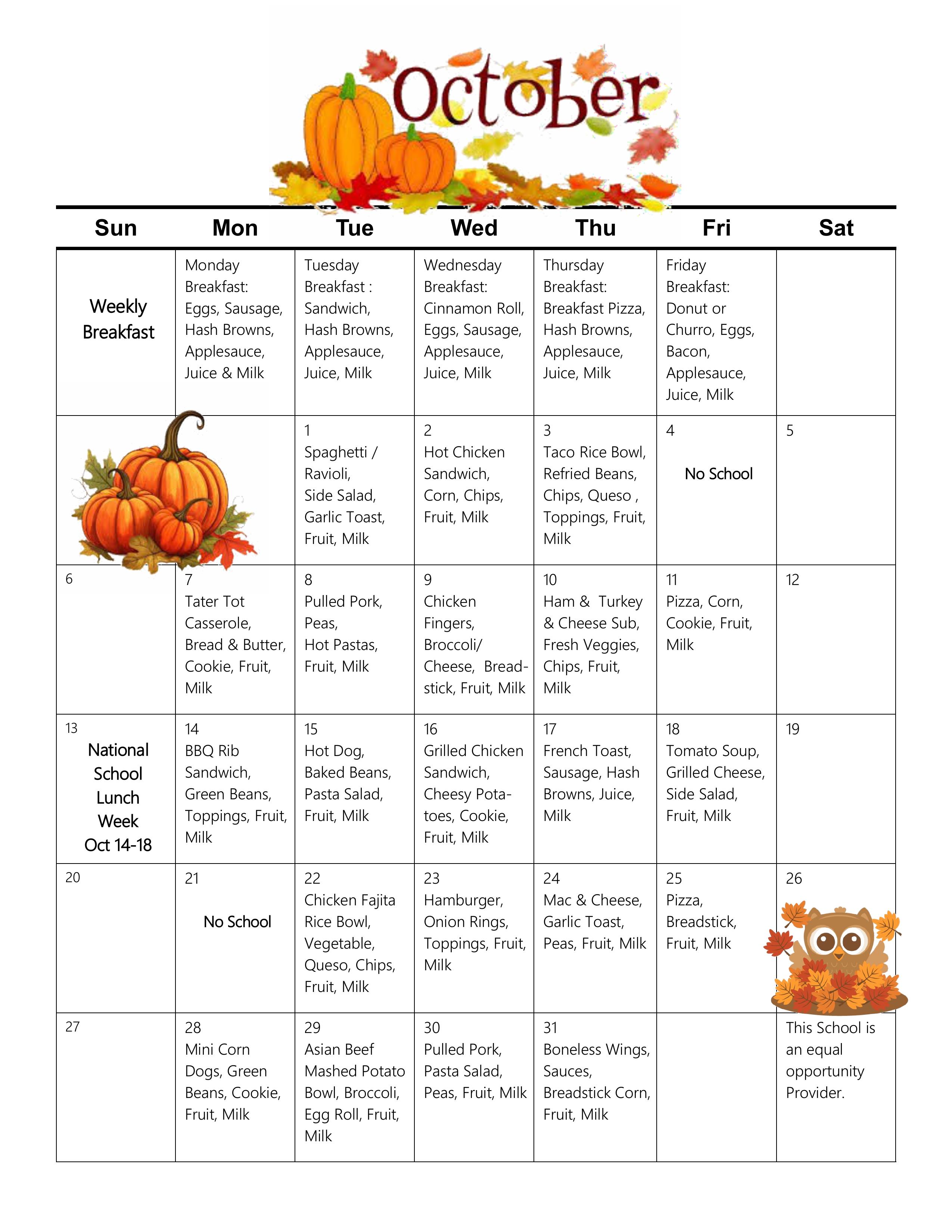 October Lunch Menu