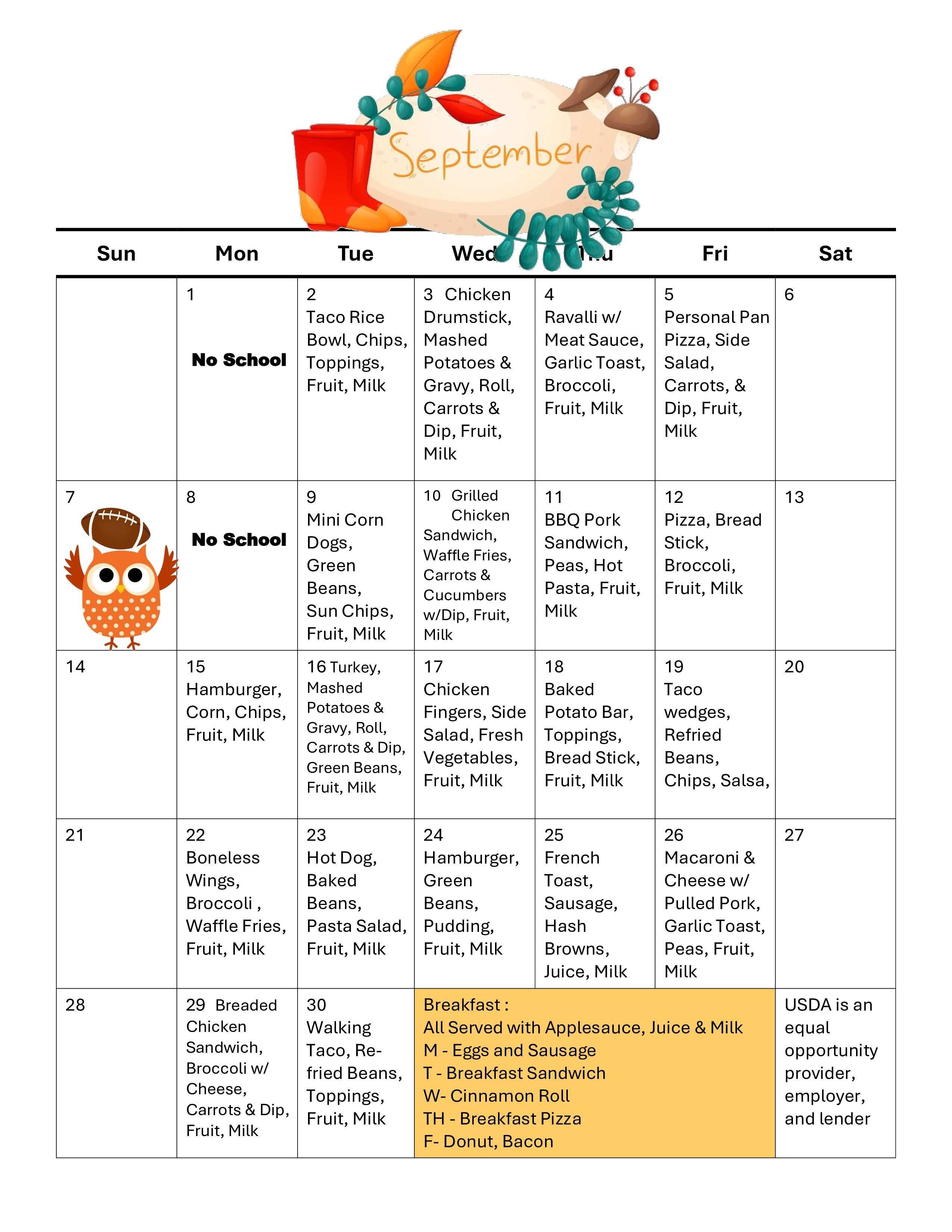 September Lunch Menu