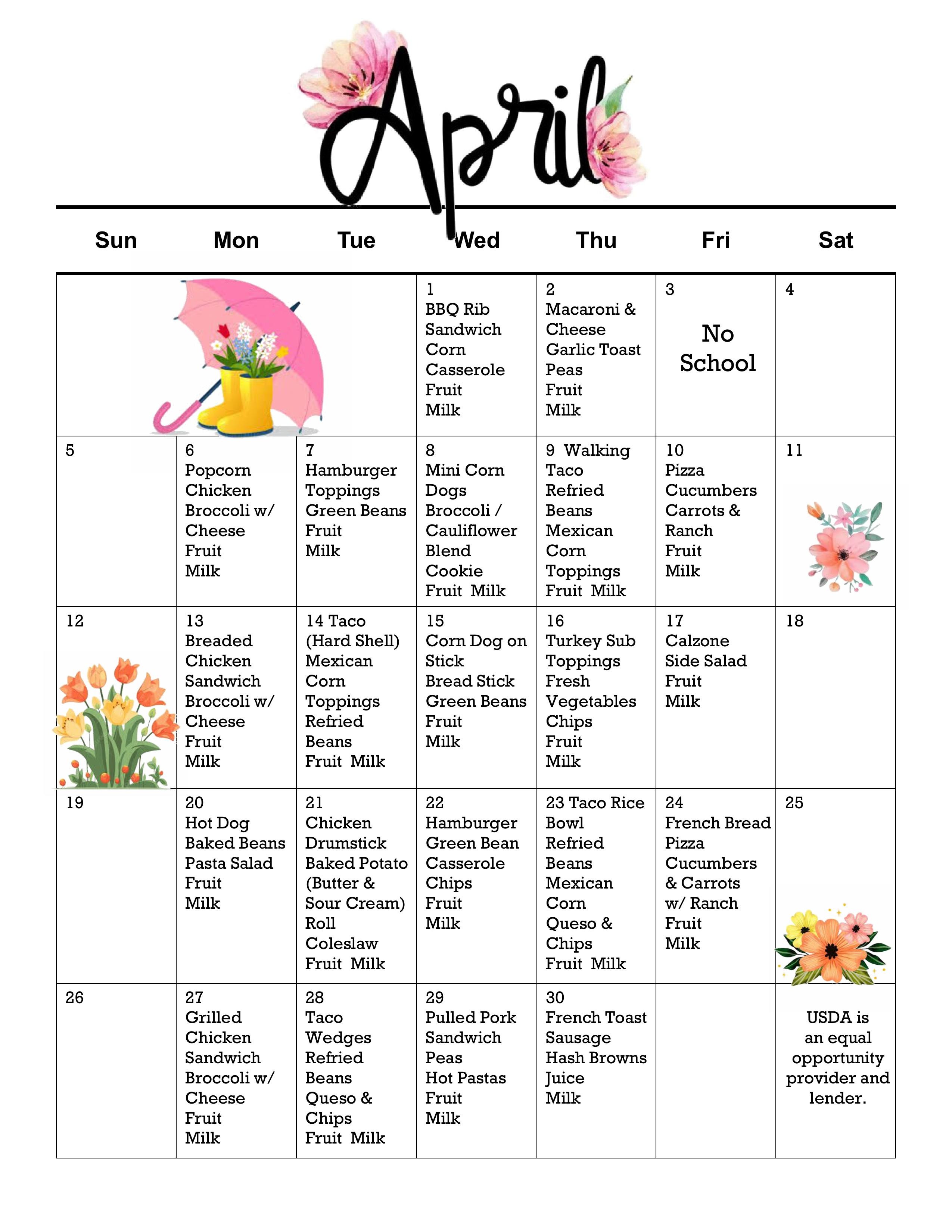 April Lunch Menu