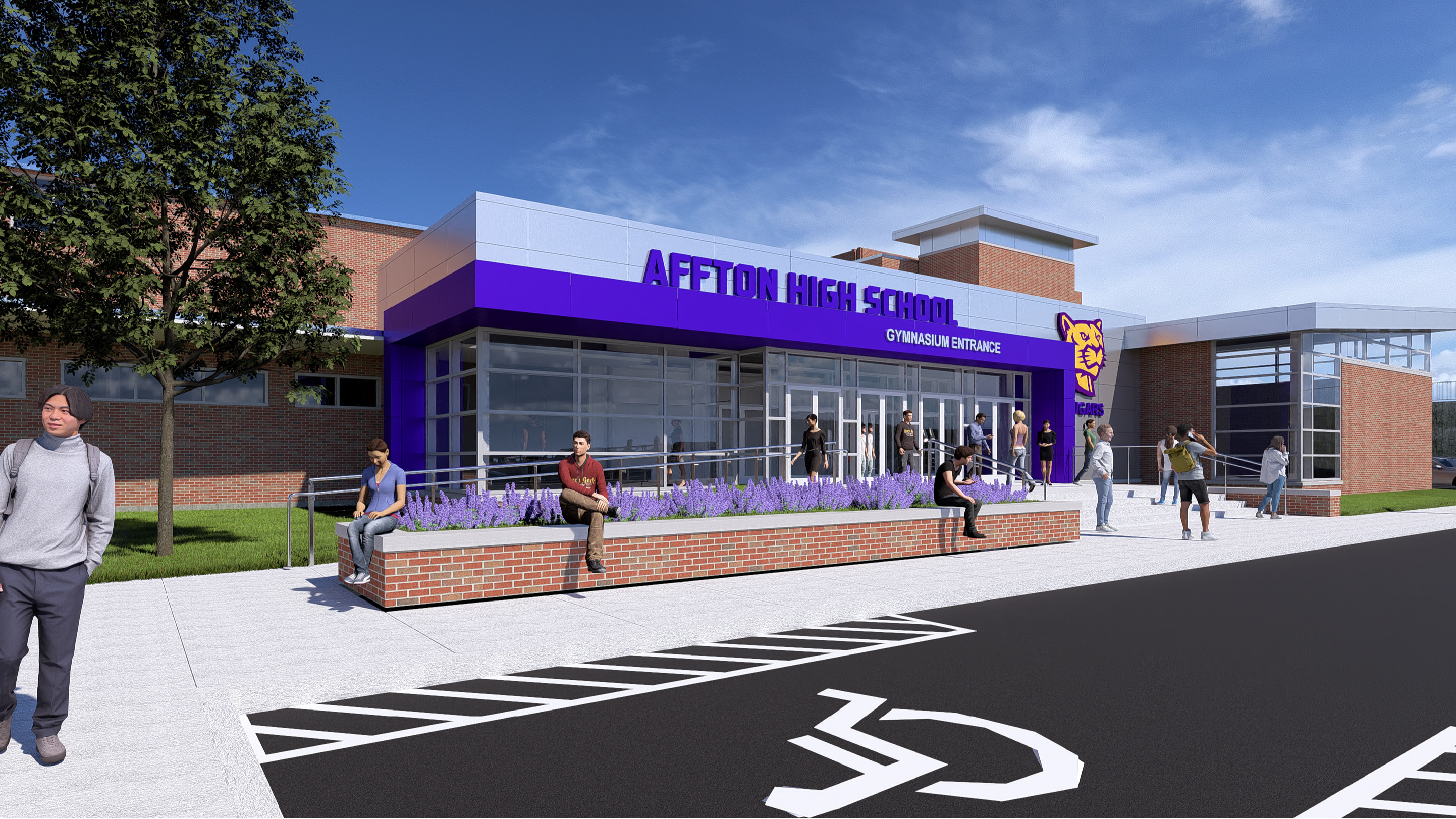 A modern exterior rendering of Affton High School's gymnasium entrance, featuring a bold purple awning with white lettering that reads "AFFTON HIGH SCHOOL" and "GYMNASIUM ENTRANCE." The building facade combines red brick with glass windows and metal accents, displaying the school's cougar mascot logo. Students are scattered around the entrance, sitting on brick planters with purple flowers, walking along the paths, and interacting casually, contributing to a welcoming and vibrant campus atmosphere.