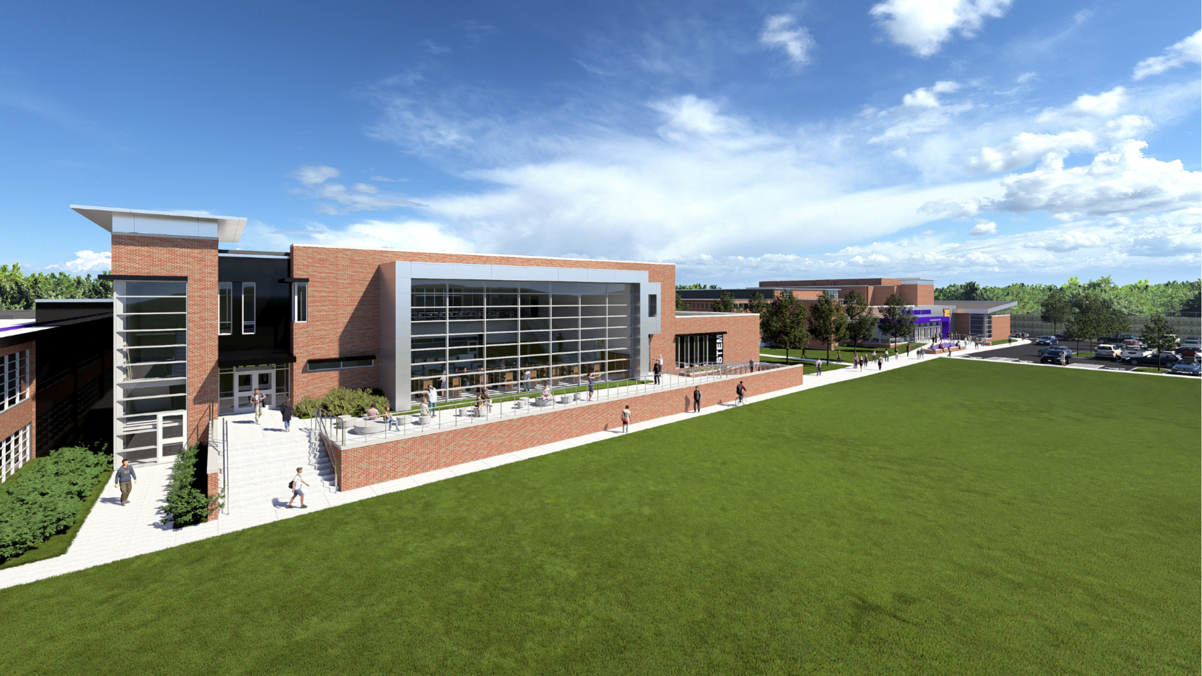 A modern architectural rendering of an addition to Affton High School, featuring a two-story structure with large glass windows, red brick, and sleek black and silver accents. The building has an outdoor terrace with seating and railings, where students are gathered. A well-maintained lawn and walkways lead to different areas of the school, with more students walking and socializing in the distance. In the background, the gymnasium entrance with a bold purple sign is visible, along with a parking lot and a tree-lined horizon under a bright blue sky.