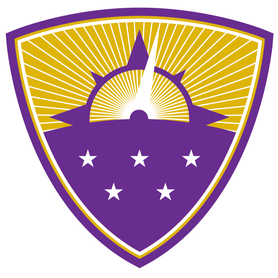A purple heart containing a stylized shield. The shield is gold and white and features a rising sun or phoenix motif on top of a purple field with five white stars.