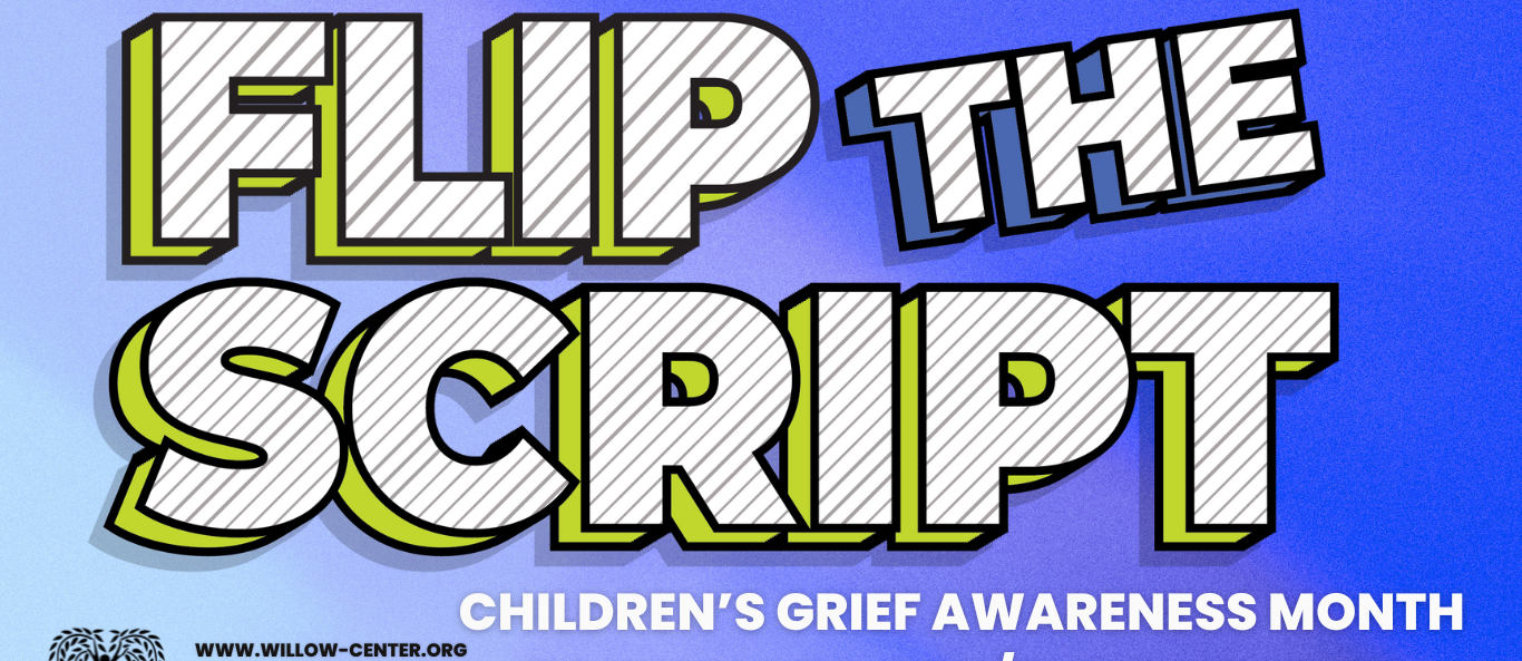 white blue and black text supporting Childrens Grief Awareness Month Campaign