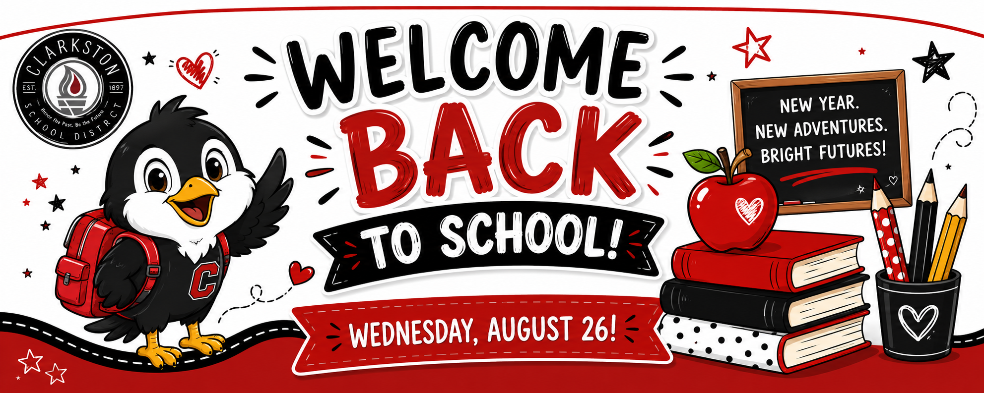 Graphic with penguin, backpack, books, apple, and chalkboard. Text reads "Welcome Back to School!" with date.