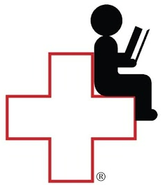 Red cross with a person sitting and reading in the cross.