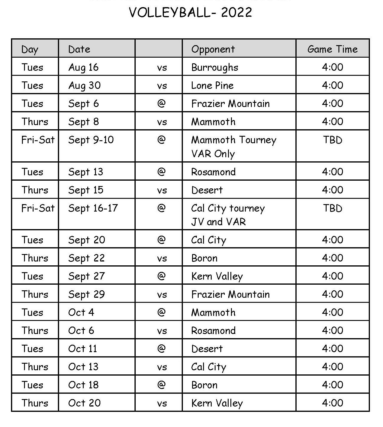 Volleyball Schedule