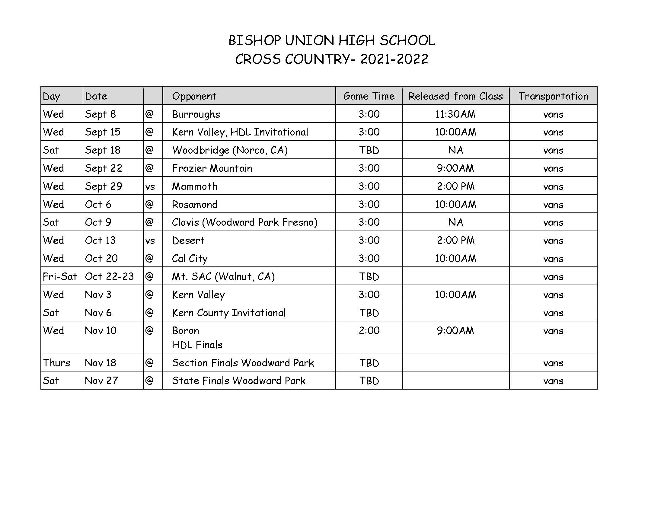2021-22 CROSS COUNTRY SCHEDULE